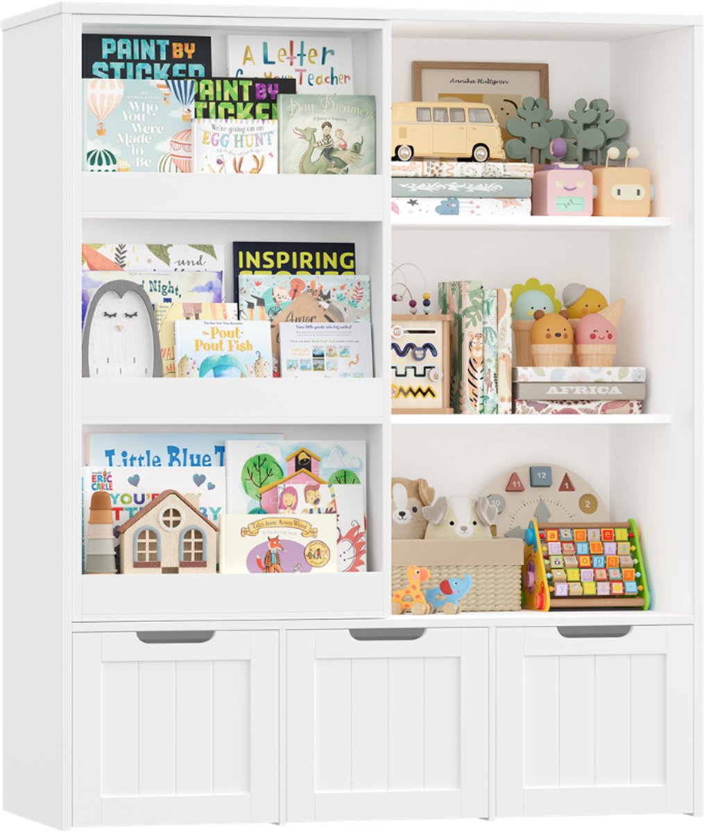 Getone Kinderboekenplank – Voor Kinderkamer – Schuifdeur & 3 Lade Opbergers – 10 Planken, Wit