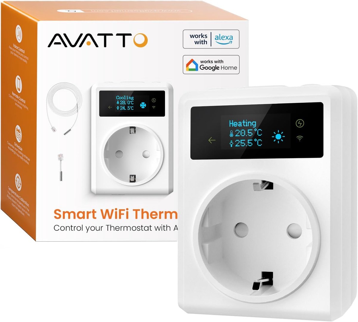 SnelShoppen - AVATTO Slimme Temperatuurregelaar Digitale Thermostaat met Stopcontact, Compatibel met Alexa en Google Assistant, Verwarming/Koeling/Tim
