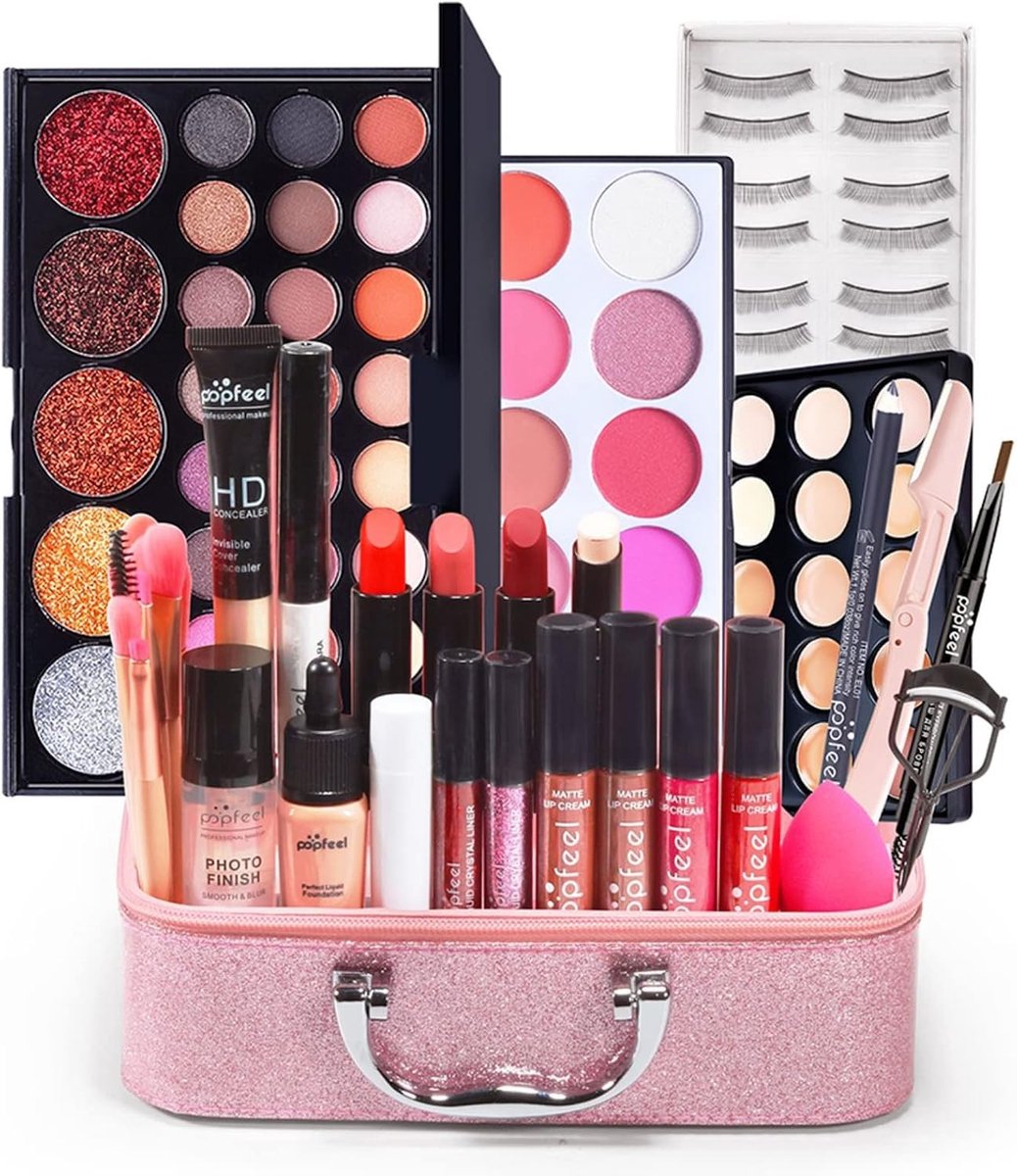 Complete Makeup Kit voor Beginners - Cosmetica Set met Oogschaduw, Lipstick, Wimpers en Make-up Palet voor Dagelijks Gebruik en Reizen