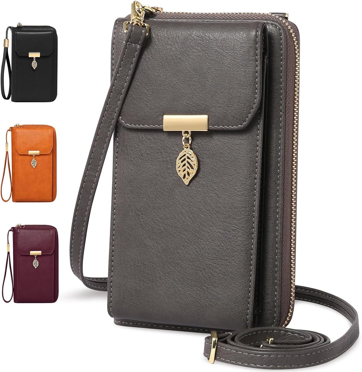 Mobile phone for hanging, small RFID protection, women's shoulder bag, leather shoulder bag with 12 card slots, mobile - ShopVlot