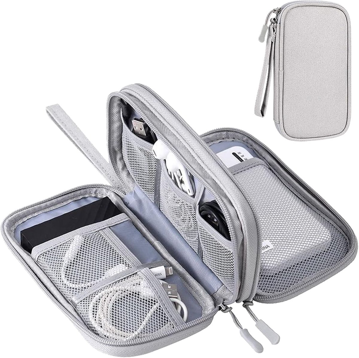 Elektronische Tas, Waterdichte Kabelorganizer, Universale Dubbellaagse Reis-Elektronica-Accessoires, Tas Voor Mobiele Telefoon, Oplaadkabel, USB-Headset, Powerbank (Grijs)