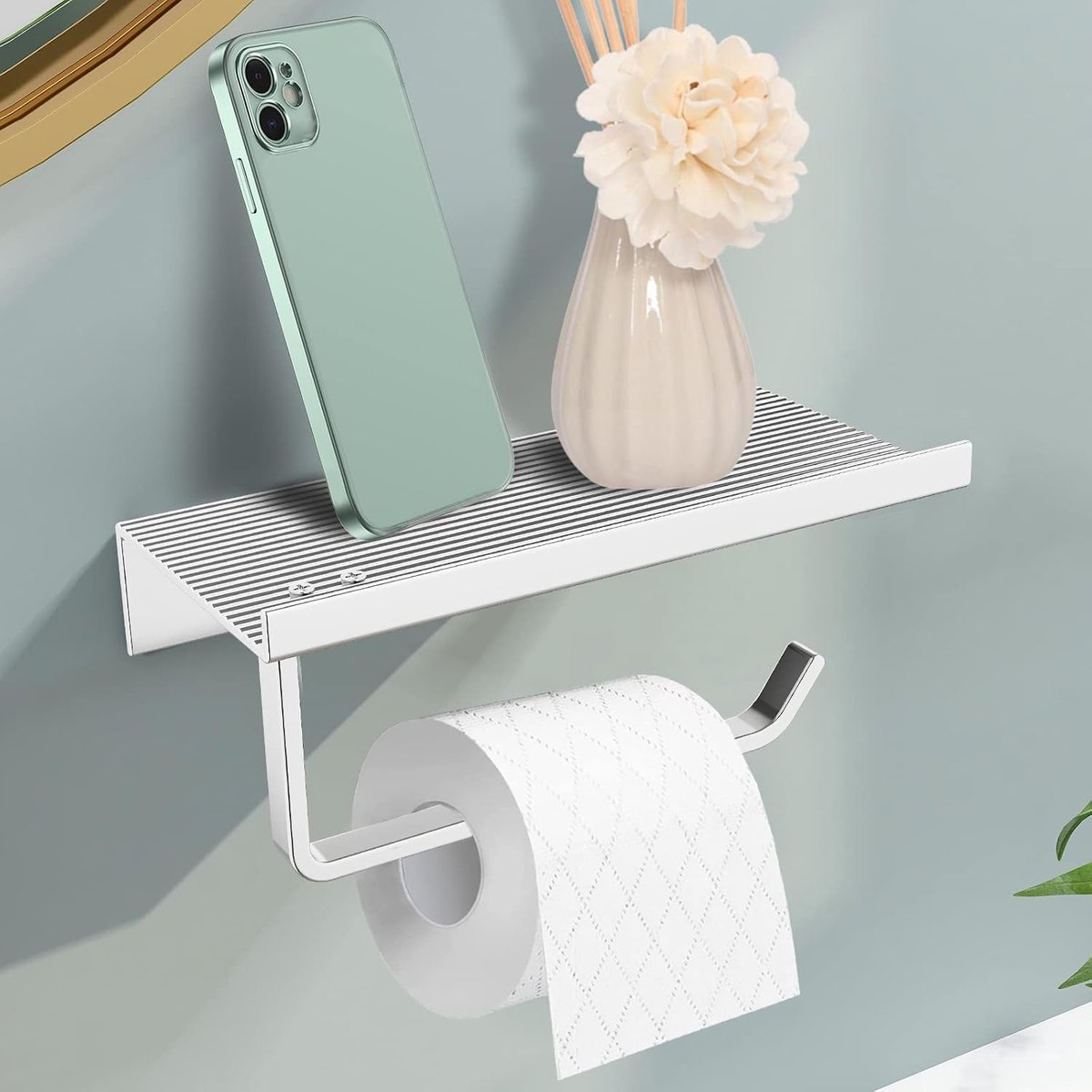 Toiletpapierhouder, zonder boren, zelfklevend, met 18 cm antislip plank, wc-rolhouder voor badkamer, toilet, keuken, zilver