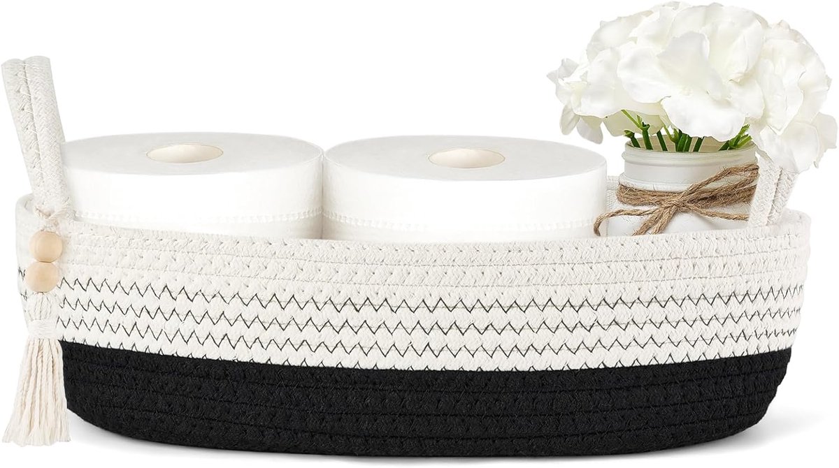 Kleine opbergmand voor toilet tank top, boho badkamer decor geweven touw toiletpapier lade organizer voor plank slaapkamer woonkamer, zwart en wit, 1 pak, 13 inch L x 6 inch B