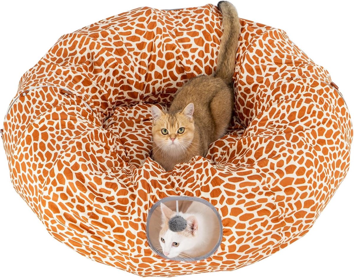 kattentunnelbed met centrale mat, groot kattendonutbed tunnelbuis voor binnenkatten kittens fret, pluche pluizige kattendonut speeltunnels - Giraffe