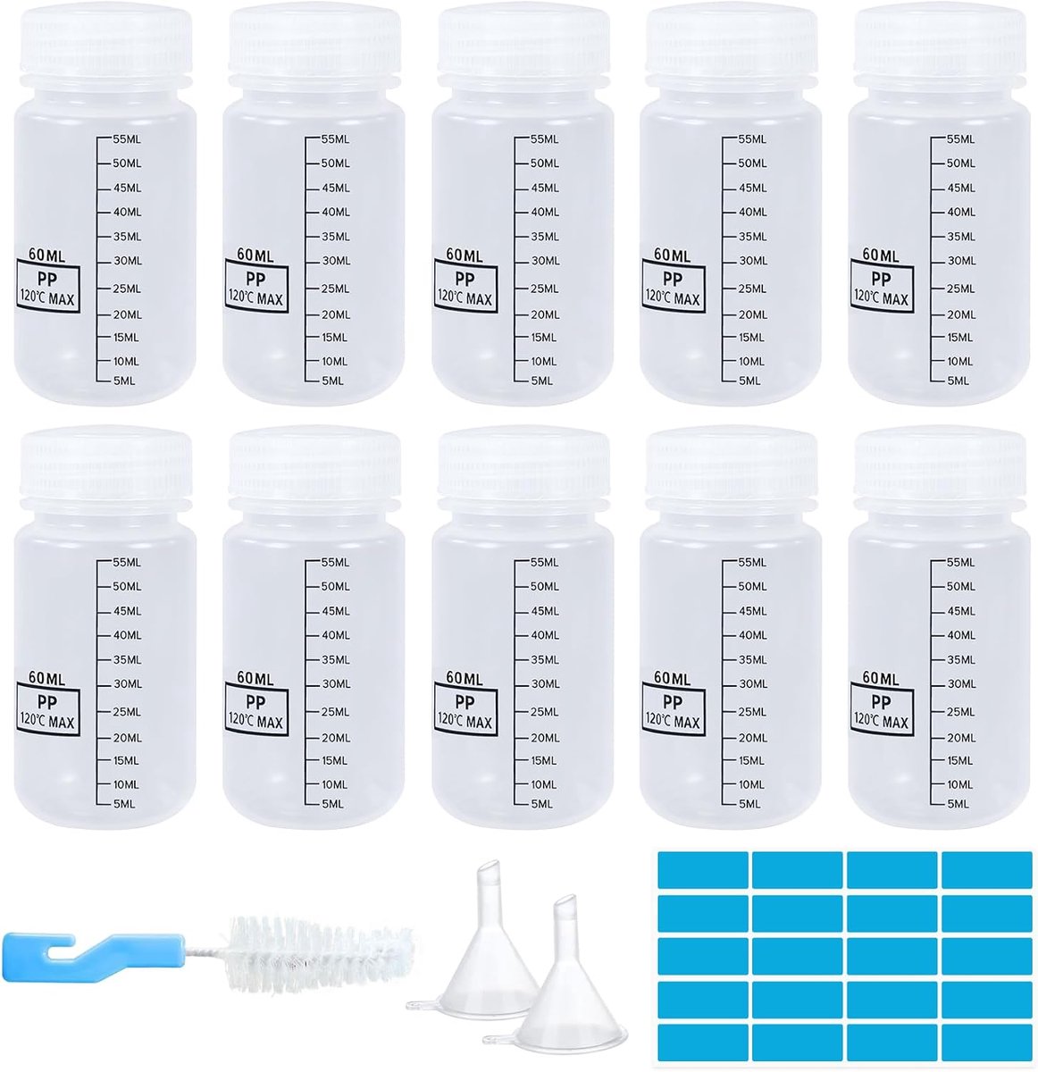 10 Stuks Plastic Flessen met Brede Hals, Schaalverdeling, 60ml Kunststof Laboratoriumfles met Schroefsluiting, Trechter, Stickers, Borstel, Lekvrij Lege Laboratoriumfles voor Chemicaliën