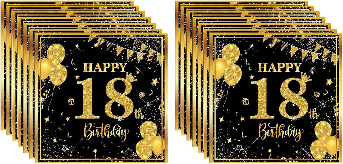 Servetten 18e verjaardag jongen - 40 stuks 33 x 33 cm zwart goud verjaardagsdecoratie servetten, premium papier Happy Birthday servetten, decoratie 18e verjaardag jongen meisje voor 18e verjaardags