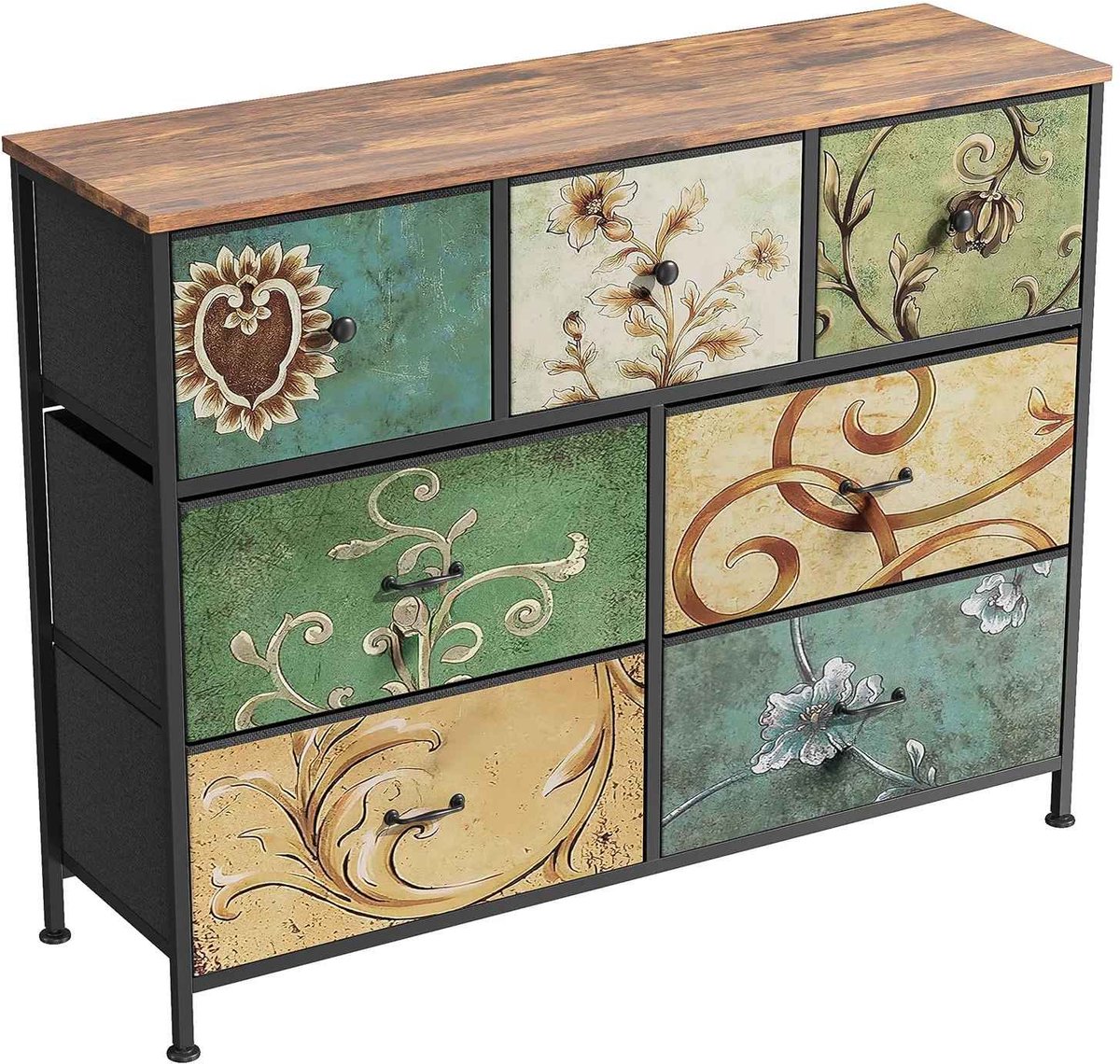 CORE Ladekast met 7 Laden - Boheemse Kaptafel Organizer met Houten Bovenblad - Stoffen Ladenkast met Stevig Metalen Frame - Multifunctionele Opbergkast - Compact Dressoir voor Kleding - 100x30x78cm - Houtlook met zwart frame en gekleurde lades