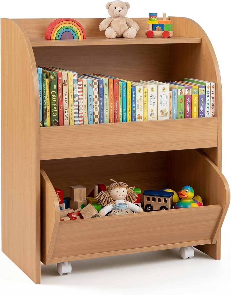 KOMFOTTEU Kinderkast 4 vakken – houten boekenrek met afgeronde hoeken – opbergrek voor kinderkamer en speelkamer – 57,5 x 26,5 x 59 cm