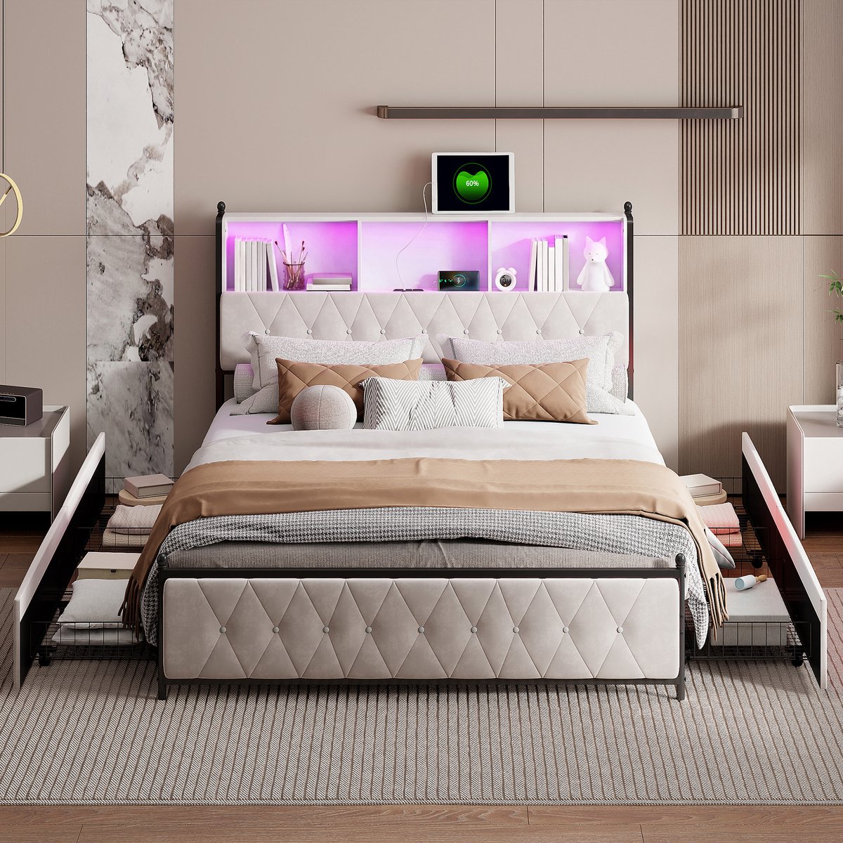 ROSAHQNDA Tweepersoonsbed 140x200 cm, volwassen bed met rgb led en app bediening, opbergbed met 4 lades en usb type c, fluwelen bed beige, zonder matras