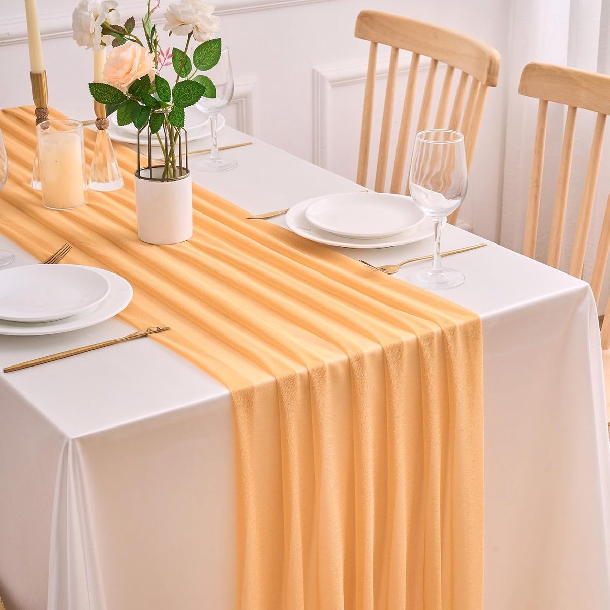Tafelloper, chiffon, champagne, 75 x 220 cm, elegante tafelloper, lente, modern, wasbaar, tafelkleed, decoratie voor bruiloft, feest, bruiloft, festival, verjaardag, babyshower