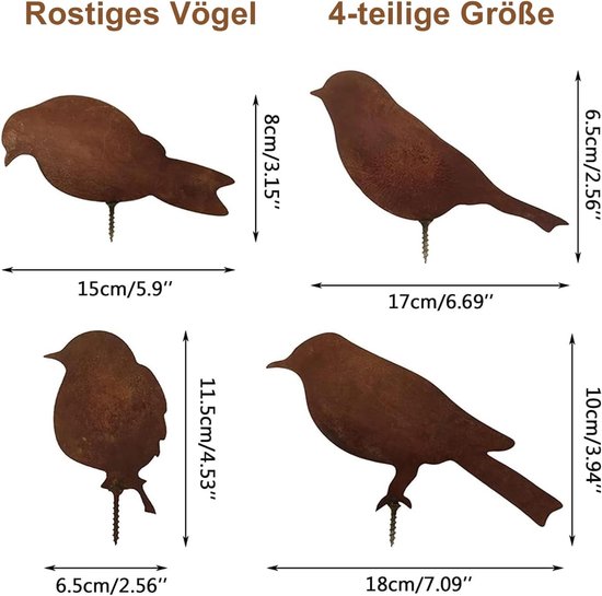 Roestige vogeldecoratie, roest, 4 patina metalen vogelsteker, tuindecoratie, roestlook met schroefdraad, metalen vogel, boomstekker voor hout, hekfiguren, tuindecoratie, ijzeren vogel — afbeelding 2