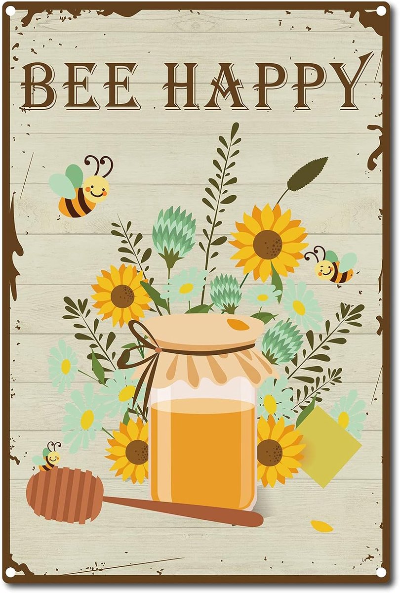 Blikken bord bij gelukkig zonnebloem retro vintage metalen wanddecoratie kunst muurschildering voor huis tuin keuken bar café woonkamer kantoor garage poster plaquette 30 x 20 cm