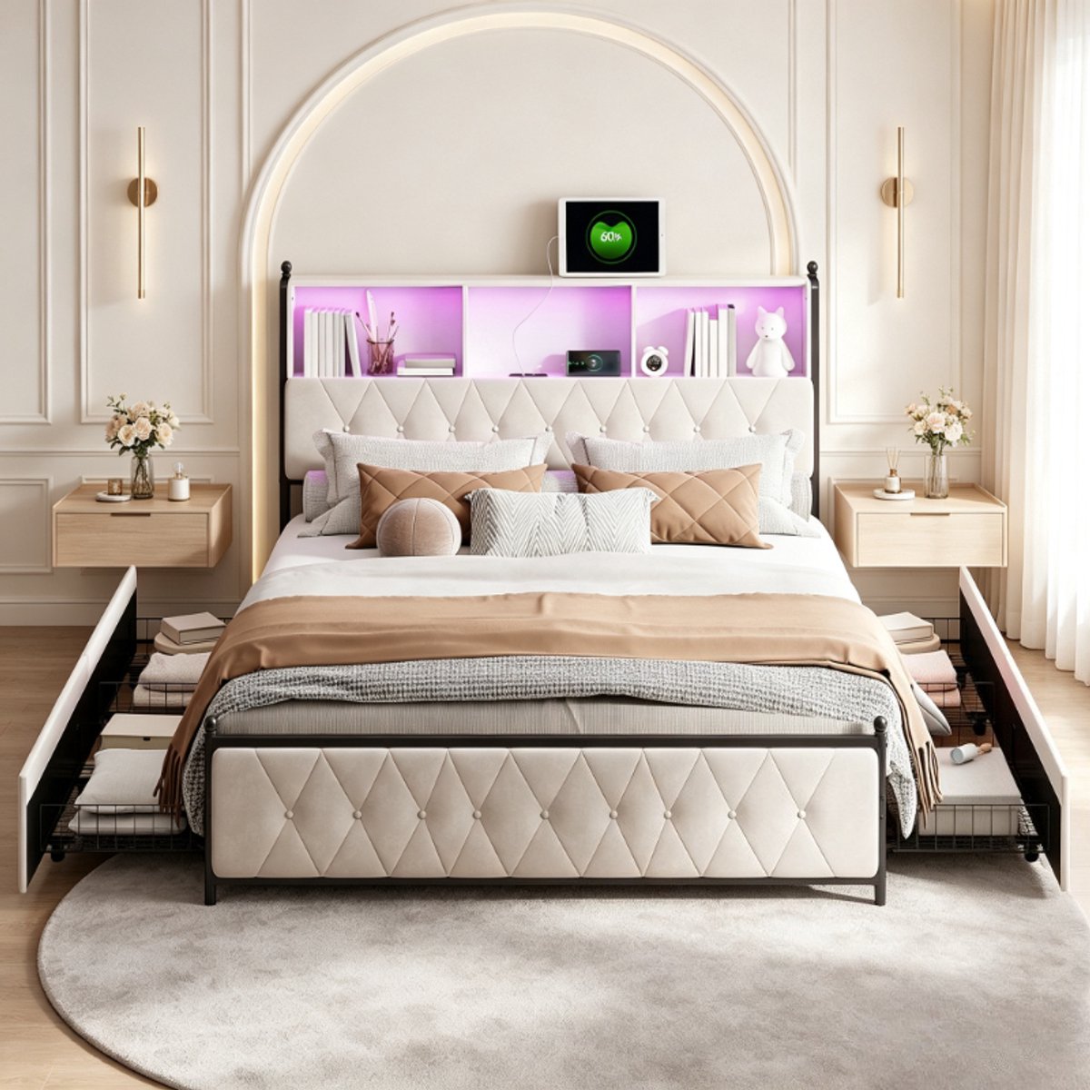 ROSAHQNDA Tweepersoonsbed 160x200 cm, volwassen bed met rgb led en app bediening, opbergbed met 4 lades en usb type c, fluwelen bed beige, zonder matras