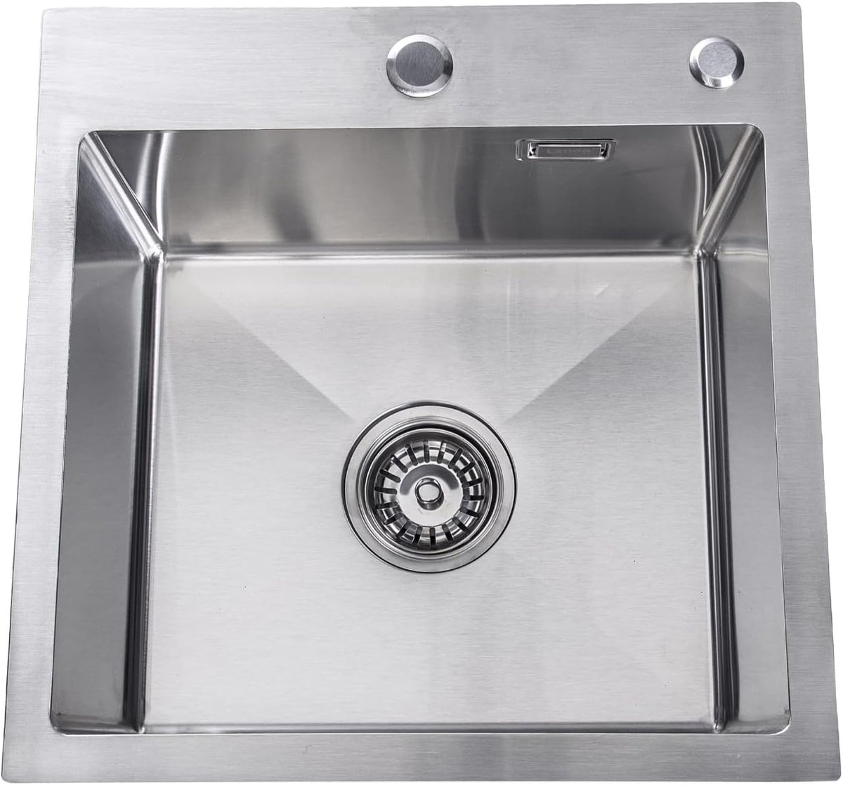 Spoelbak voor keuken met kraangat - RVS - Roestvrij staal- Wasbak met waterafvoersysteem - Gootsteen + bevestigingshaken- Zilver of Zwart (Zilver, 44x44x20cm)