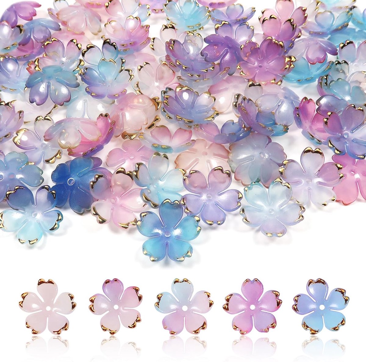 100 stuks kersenbloesems acryl blauw-paars kleurverloop bloemenkralen | Gouden rand bloemblaadkralen om te rijgen met gat kralen voor armbanden, sieraden maken, knutselen, oorbellen, halskettingen