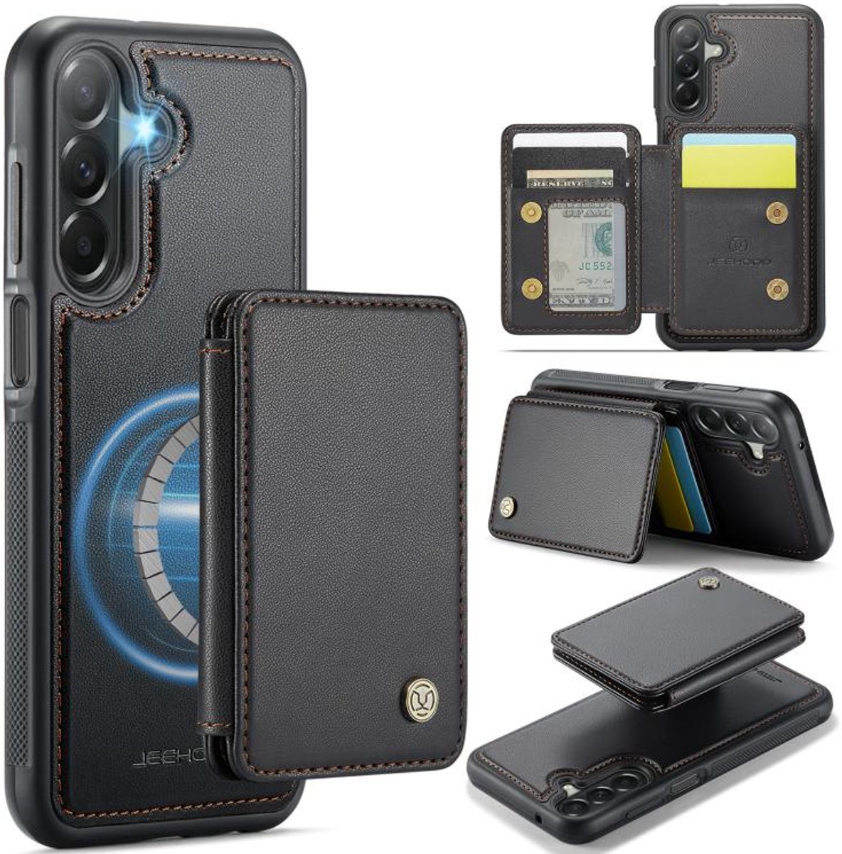 Telefoonhoesje geschikt voor de Samsung Galaxy A27 5G - Silicone TPU en kunst leer - zwart back cover hoesje case met pasjeshouder - 4 pasjes afneembaar - MagSafe functie