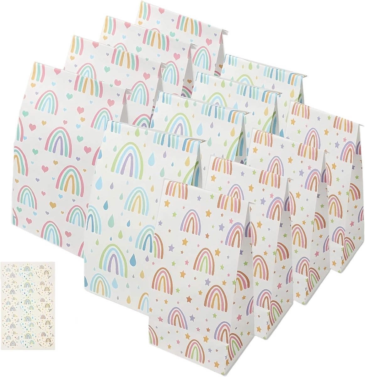 12Stuks Kleurrijke Feestzakjes van Kraftpapier, 13x22x8cm Regenboog Snoep Gunstzakken met Stickers, Ideaal voor Feestjes en Geschenken