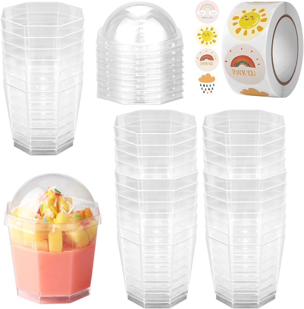 50 stuks dessertbekers, 5 oz/160ml plastic dessertpotten met deksels, lepels en stickers, doorzichtige mini-beker herbruikbare serveerschaal voor bruiloft, verjaardagsfeestjes cheesecake desserts