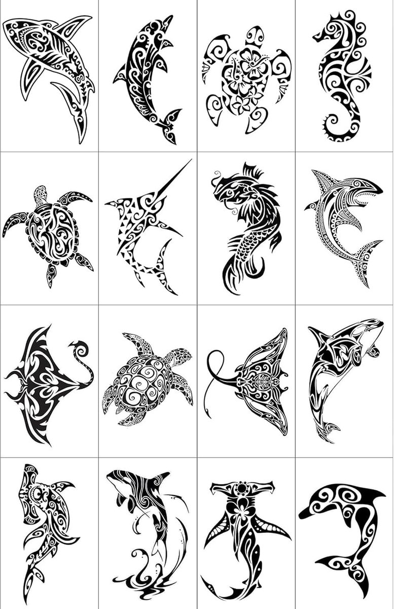 Tijdelijke tatoeages, nep tatoeages voor volwassenen met zwarte tribale totem ontwerpen voor dames en heren, Maori rog haai walvis zeepaard patroon, langdurig waterdicht