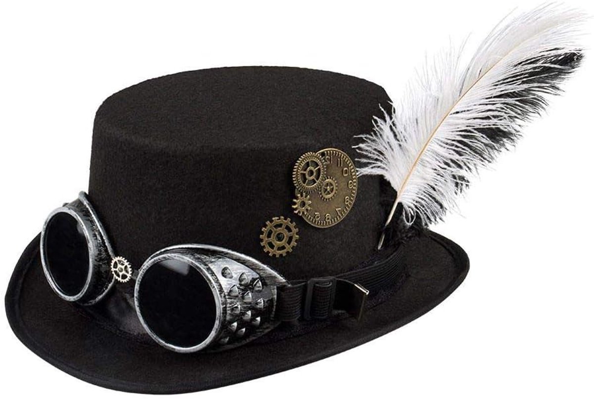 54502 Spacepunk hoed met bril en tandwielen, voor dames, zwart, accessoire, hoofddeksel, steampunk, jaren 80, themafeest, carnaval