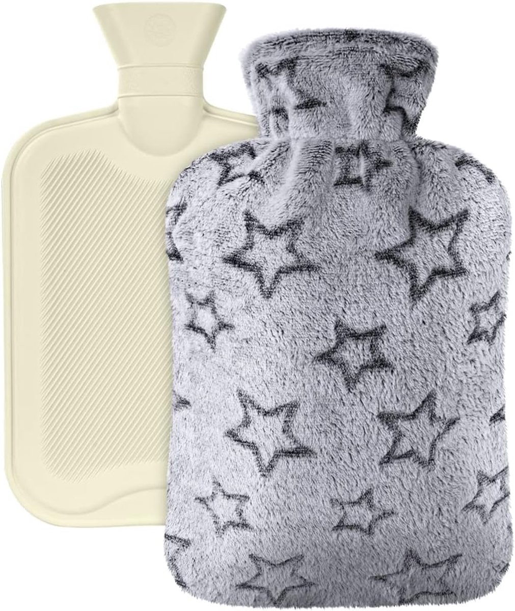 Warmwaterkruik met gebreide hoes, 2 liter, voor warm en koud water, hand- en voetverwarming, spierpijnbestrijding, geweldig cadeau, veilig en duurzaam (lichtgrijs)