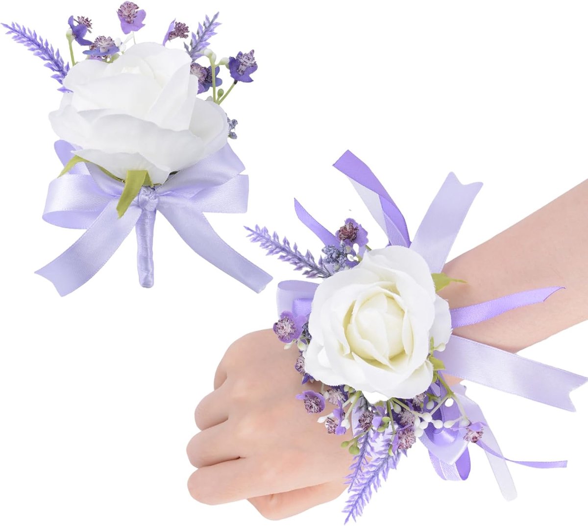 2 stuks paars lint witte roos Corsage pols bloem, kunstmatige pols Corsage Boutonniere set voor bruids bruiloft feest of afstuderen Prom