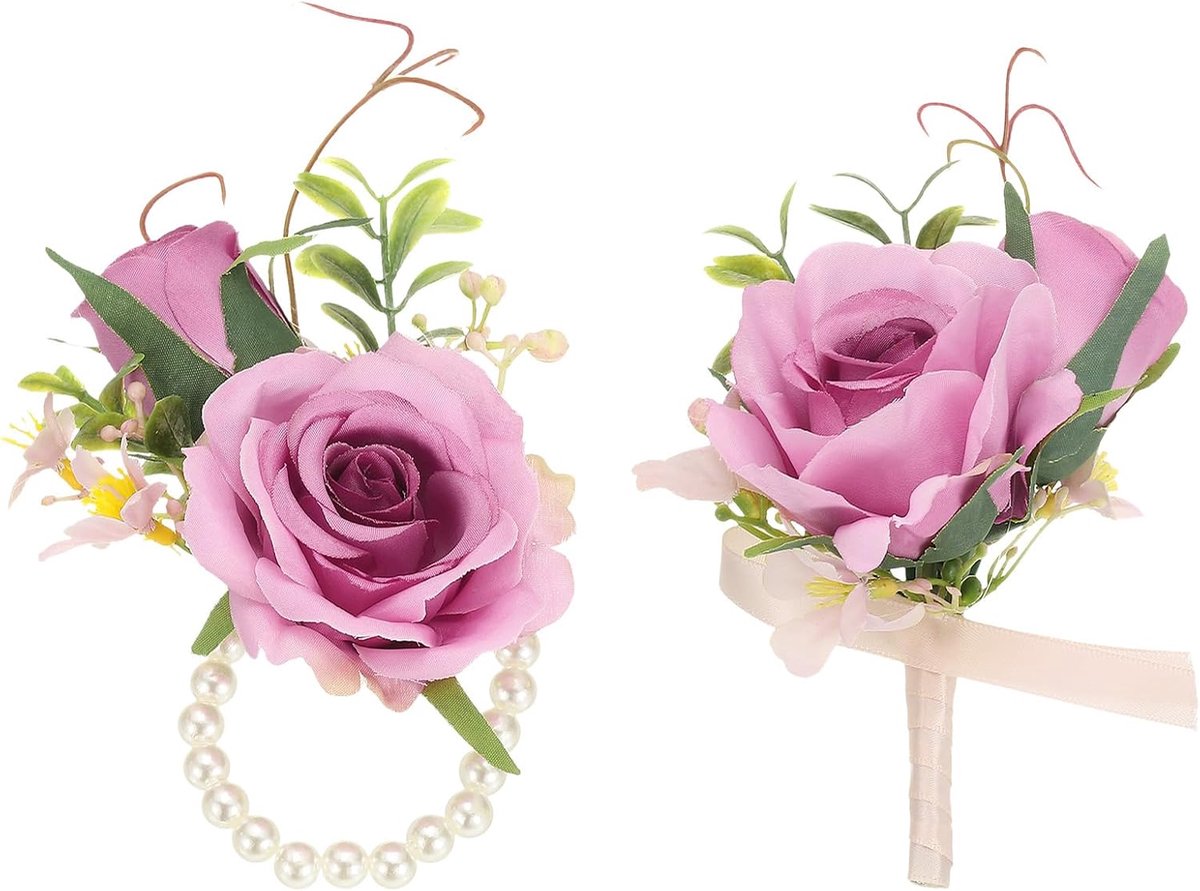 Kunstbloem Polscorsage en Boutonnières Set, 1 Set voor Mannen Vrouwen Bruidegom Bruid Bruidsjonkers Huwelijksceremonie Verjaardag Dinner Party Afstuderen Decor Kerstmis, Roze