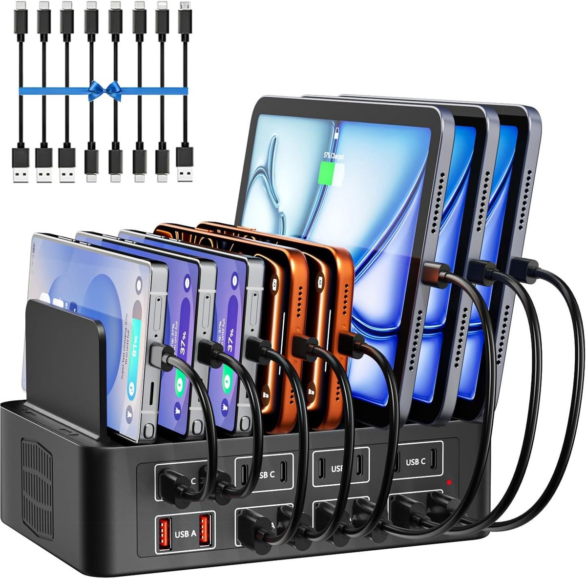 150W 16-poorten oplader, poweradapter, met verstelbare afneembare scheider, USBC-voedingshub, compatibel met iPhone 16/15, Samsung Galaxy S25/S24, Google/tablets/andere