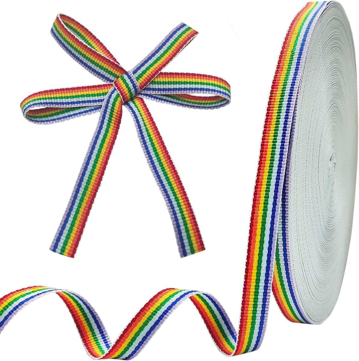 lint,10 mm x 50m kerst regenboog gestreept dubbelzijdig polyester stoffen decoratief lint voor knutselen Kerstmis satijnen lint cadeau kerstboom decoratie kerstlinten