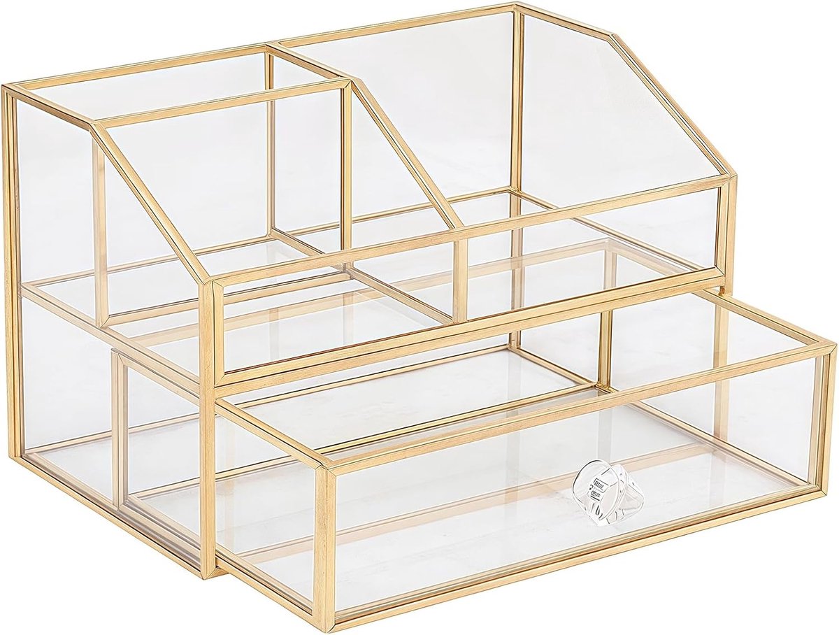 SnelShoppen - Make-up organizer goud, cosmetica-organizer met laden, glazen beauty-organizer, vintage opbergdoos voor huidverzorging en cosmetica