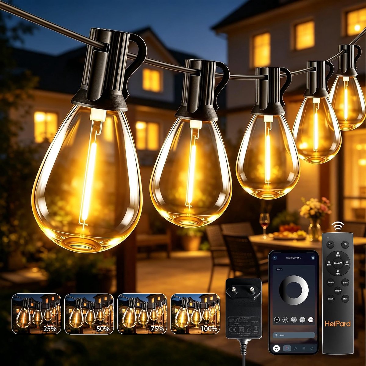 HeiPard Buiten Slingerlicht Warmwit 10m - 15+1 LED Lampen, IP44 Waterdicht, Afstandsbediening & App-gestuurd - ShopVlot