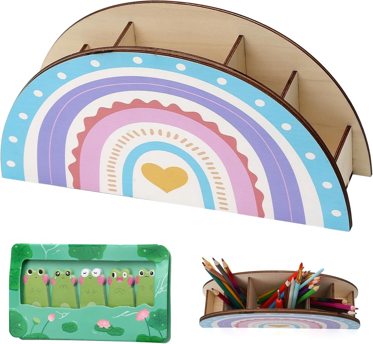 SnelShoppen - Stiftehouder Kinder Hout Regenboog, Schreibtisch Organizer met 5 Vakken, Creatieve Regenboog Stiften Organizer voor Opbergen Briefpapier