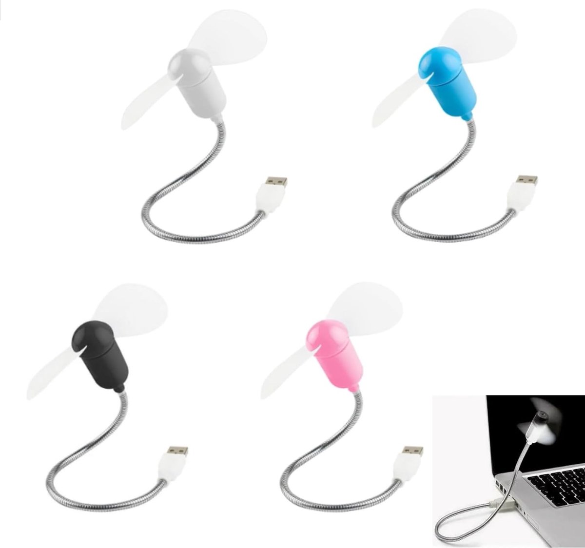 SnelShoppen - 4 stuks mini-ventilator, flexibele USB-ventilator met zwanenhals, opvouwbare ventilator met zachte bladen voor laptop, thuis, kantoor -