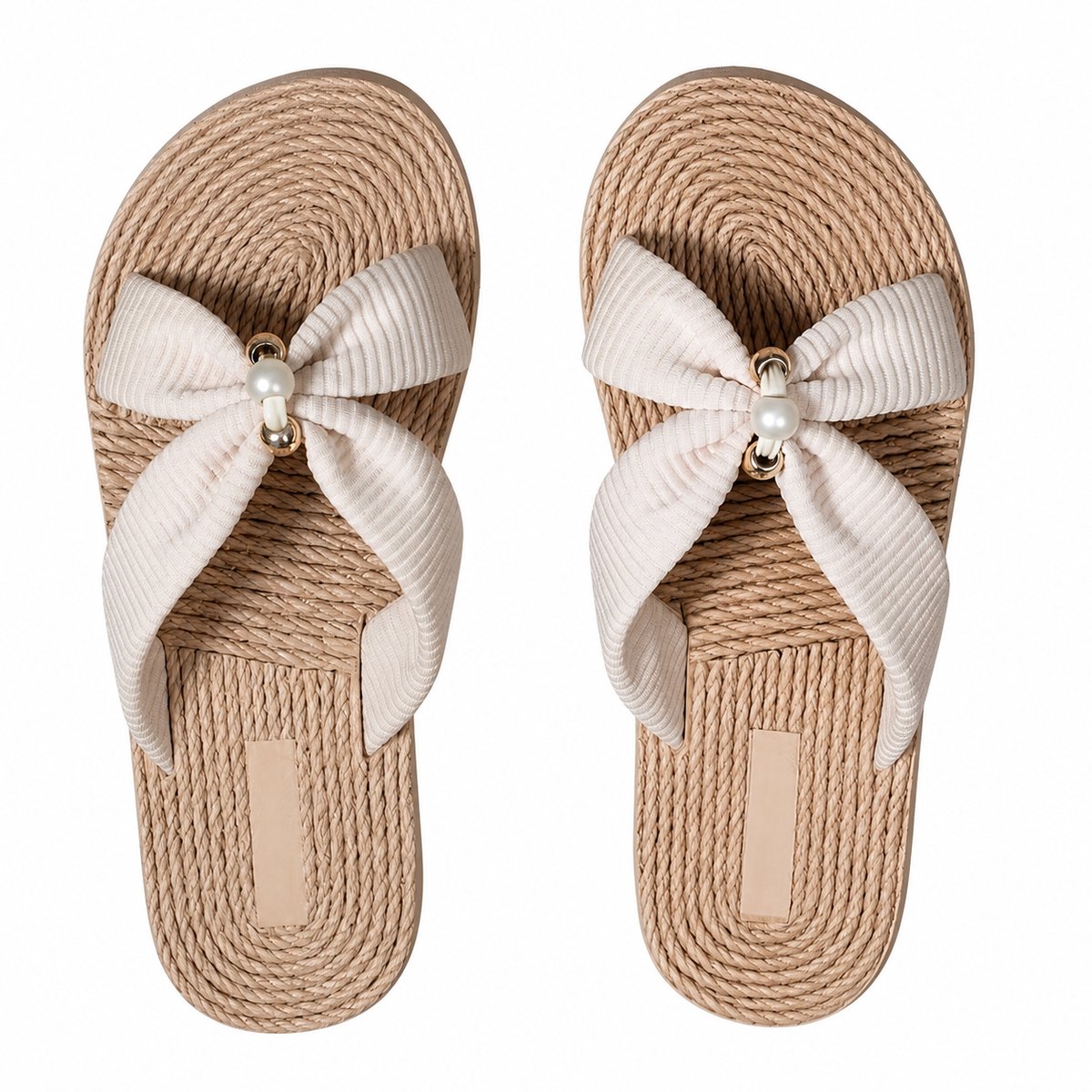 Beige dames slippers platte instap sandalen open teen gevlochten zool met stoffen strik parel detail casual strand slippers maat 37