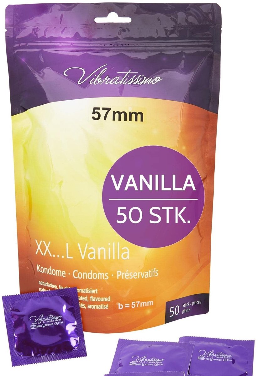 VIBRATISSIMO Condooms XXL Vanille 50-pack | met Aroma | voor mannen | met dunner wanddikte & gearomatiseerd | gevoelsecht en flinterdun | b=57 mm