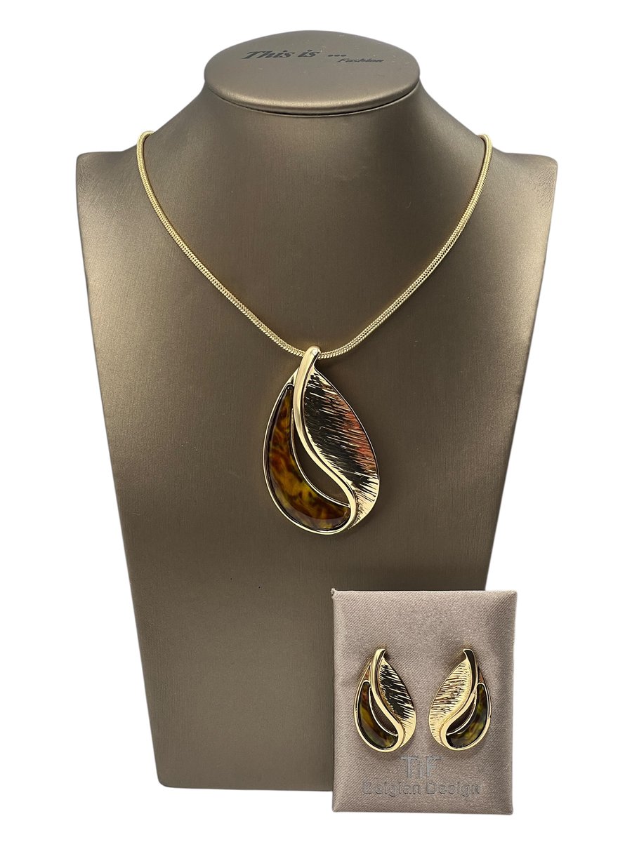 TIF - Sieraden - Sieradenset dames - Halsketting - Oorbellen - Goud - Bruin - Verstelbaal 42-47 cm