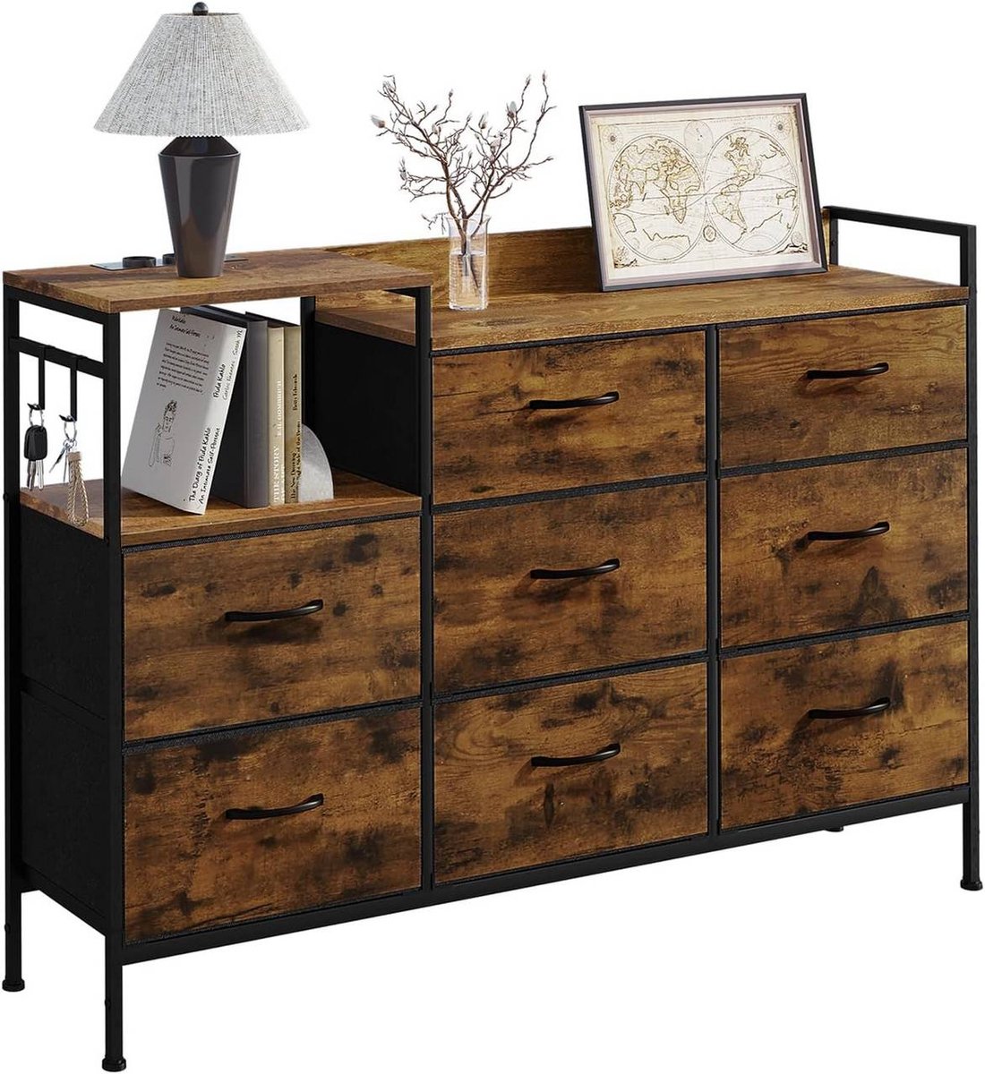 SureDeal® - Ladenkast - 8 lade stopcontacten - Metalen hout - Vintage houtlook zwart - 132x30x88 cm - Zwart