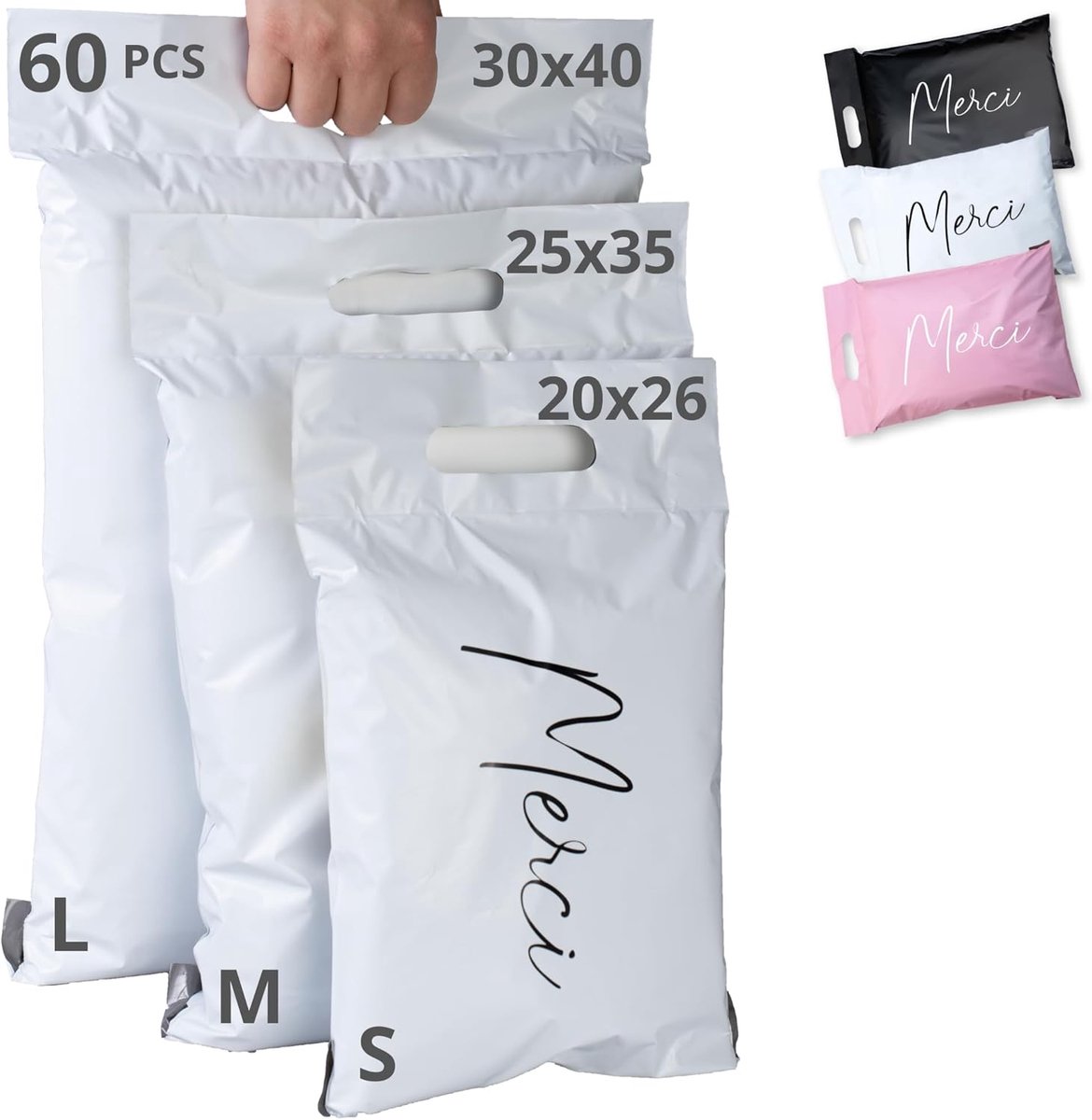 SnelShoppen - 60 Verzendzakken Kleding Vinted - 3 Maten S/M/L - Ondoorzichtig, Duurzaam, Waterdicht - Kunststof Verzendtas voor Pakketten - Bedankt