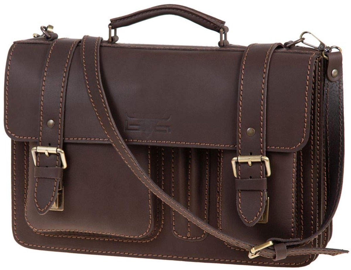 SnelShoppen - Aktetas Steward Unisex van Echt Leer/Zadelleer, Donkerbruin, 3 Hoofdvaste Vakken, Schoudertas voor Dames en Heren, Handbagage, 43x17x29