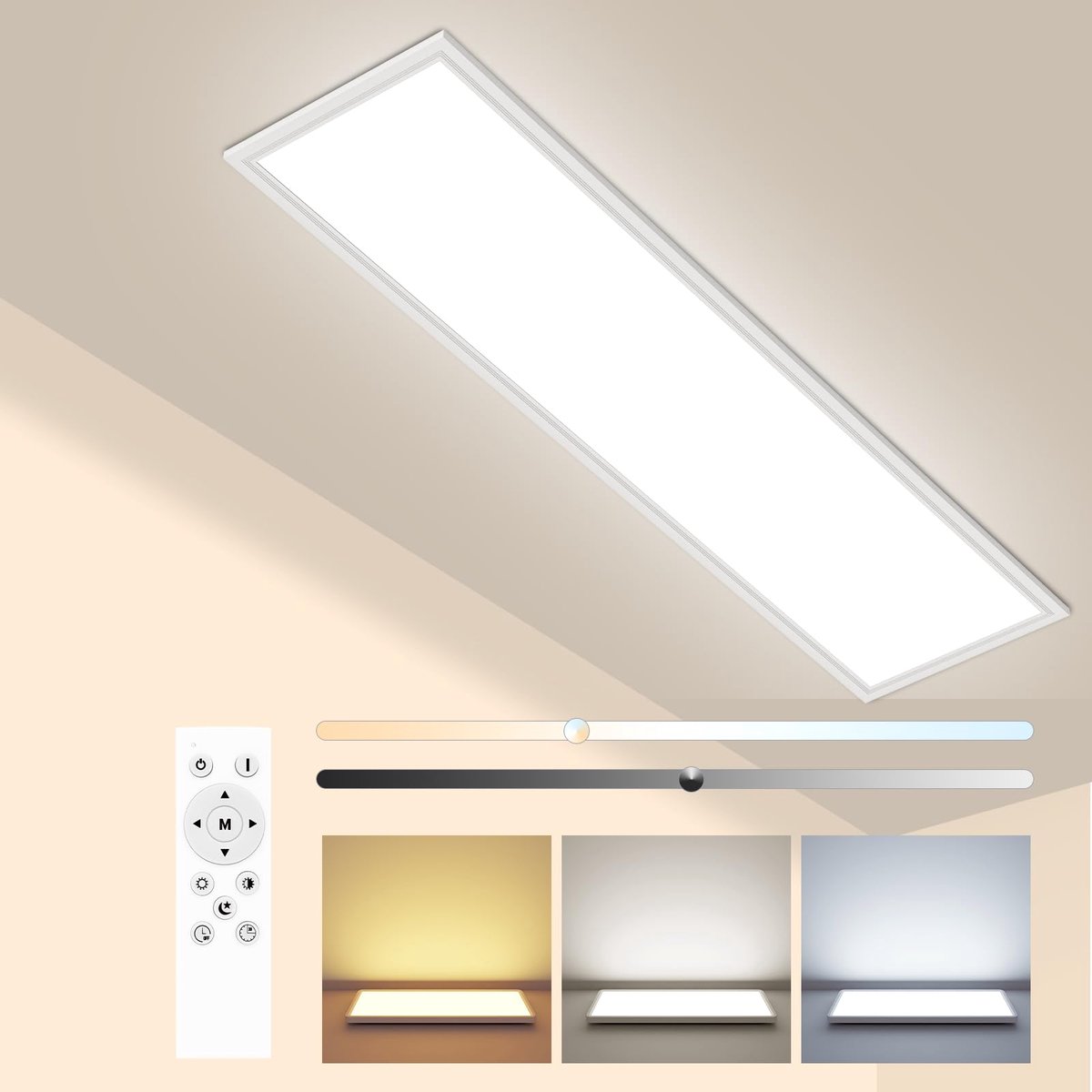 SnelShoppen - Dimbare Led-plafondlamp 100 x 25 cm, 3000 lumen, met afstandsbediening, 3000 K-6500 K, IP44, rechthoekig led-paneel voor keuken, woonkam