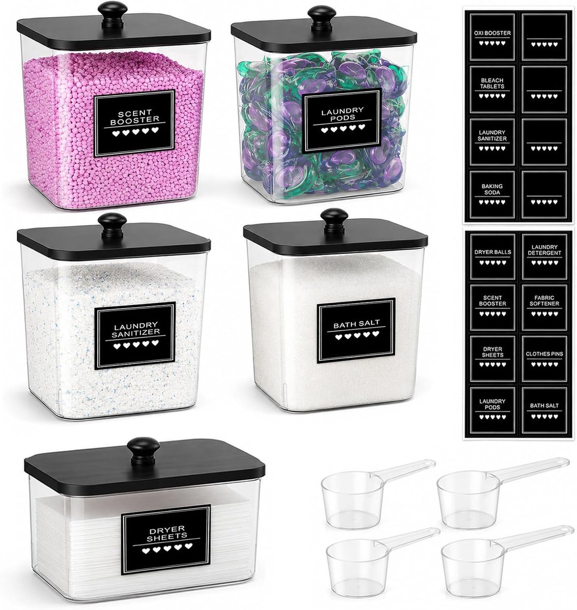 wasmiddelpods en waspoedercontainer set - 4 liter acryl met houten deksel - 4 maatlepels en 20 etiketten - SnelShoppen