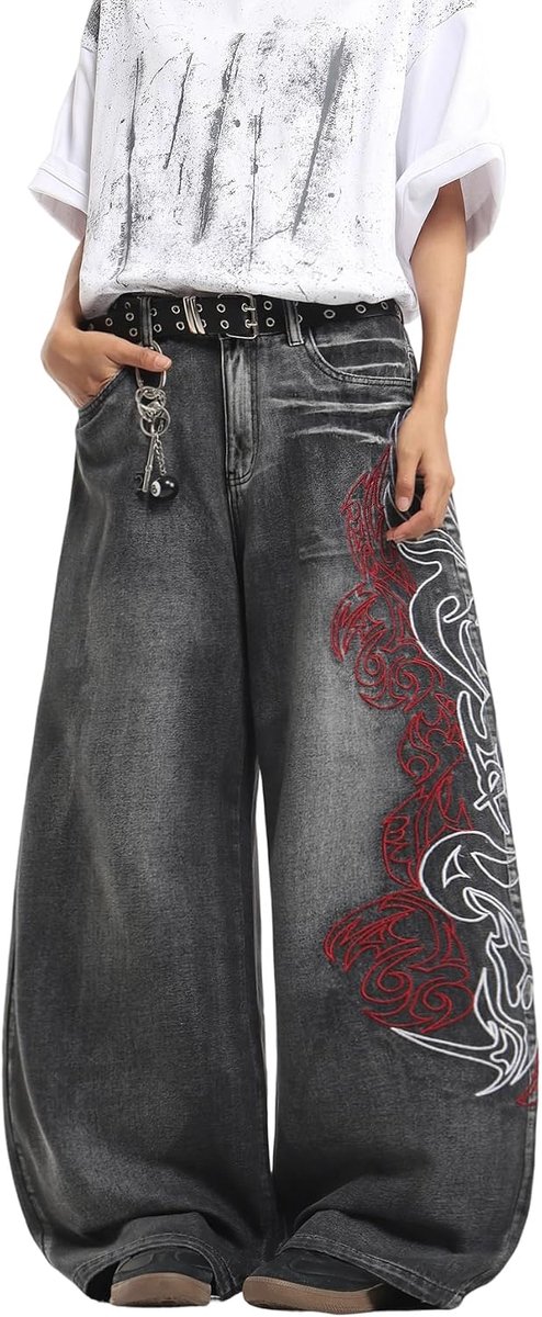 Jeans met borduurwerk, hip hop skater wijde beenvorm, denimbroek, Y2K, streetwear