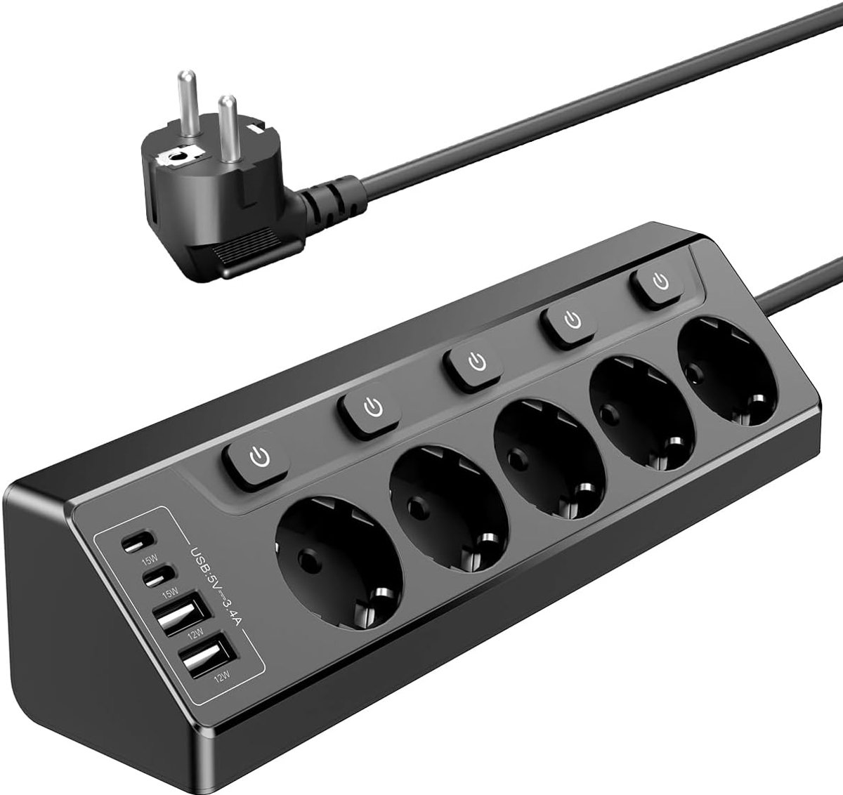 Hoekstopcontactblok met 4 USB (2 USB-C) + 5 aansluitingen, stopcontactblok individueel schakelbaar, stopcontact met kinderbeveiliging, 3680W, 2m verlengsnoer voor keuken, kantoor, huishouden