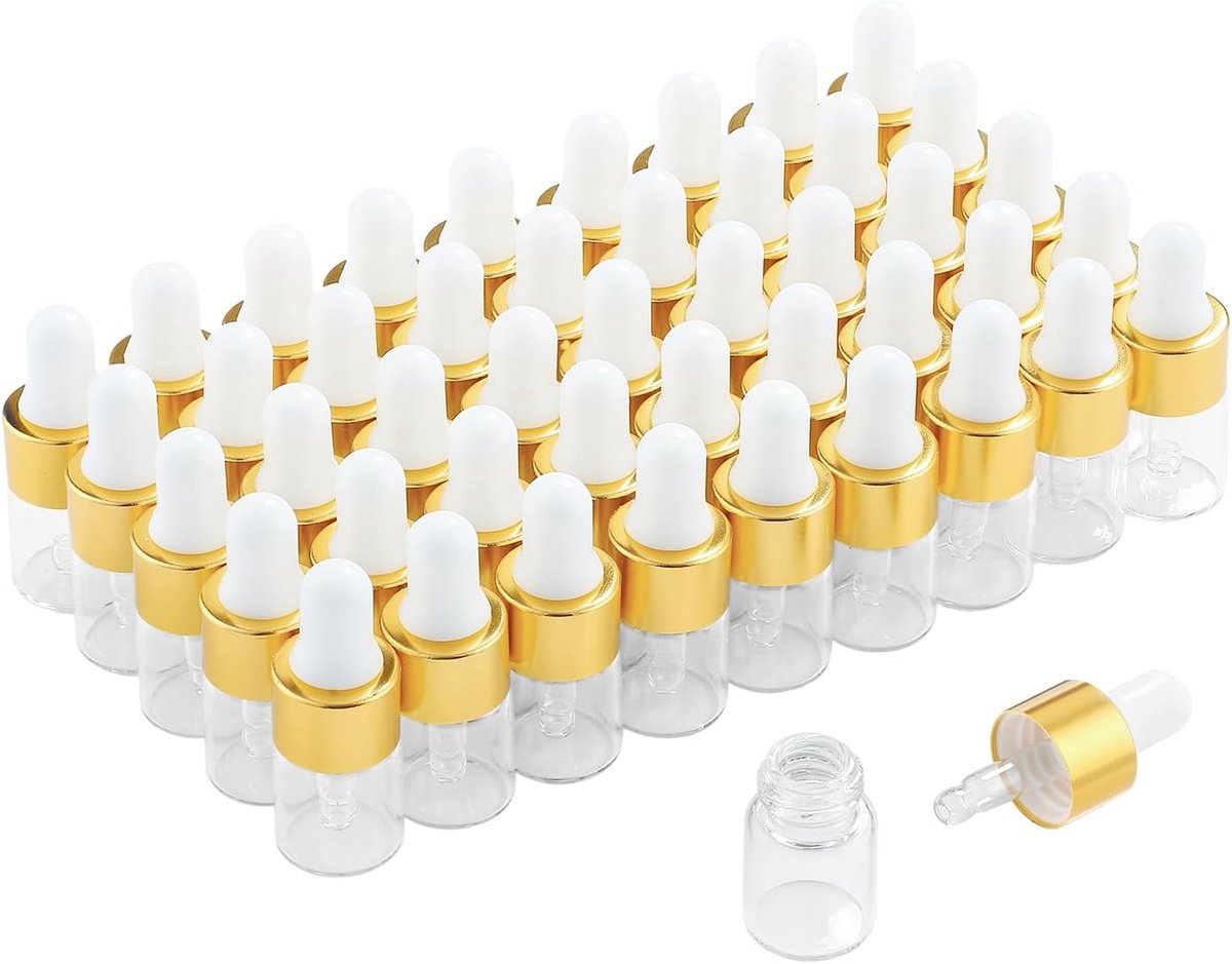Druppelflessen, lege glazen flesjes met gouden deksels, parfummonsters voor etherische oliën, lichaamsolie en vloeistoffen (2 ml)