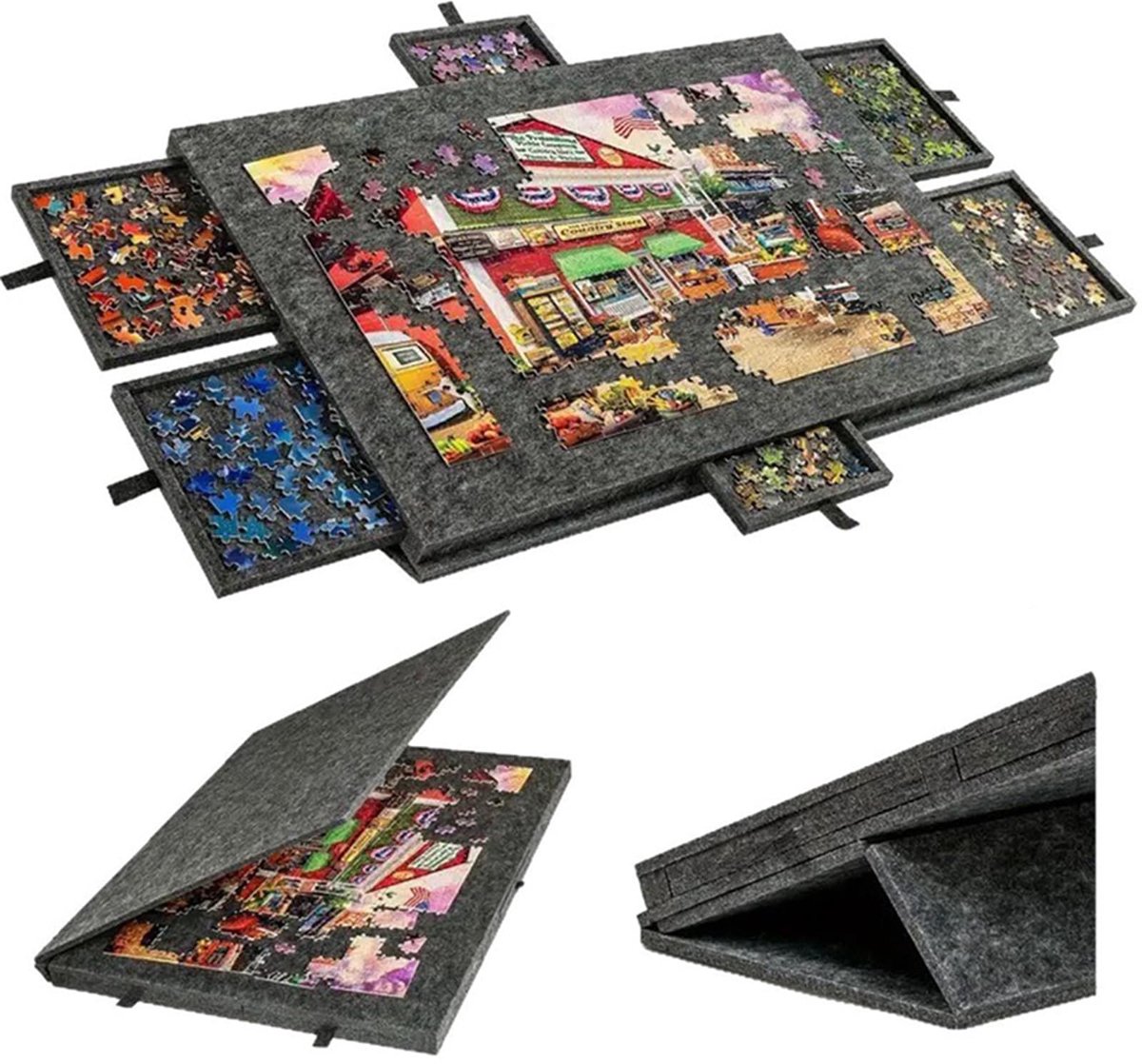 SnelShoppen - 2-in-1 Puzzelplank voor 1000 Stukjes met 6 Laden, Kantelbare en Inklapbare Puzzeltafel van Vilt met Afdekking en Standaard, Draagbare Pu