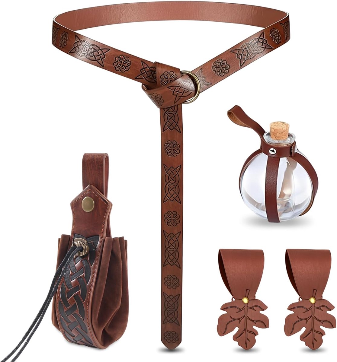 5 stuks middeleeuwse kledingaccessoires, middeleeuwse riem + riemtas + toverfles + hanger, Vikingriem, Vikingkleding, rollenspel, voor Halloween en carnaval