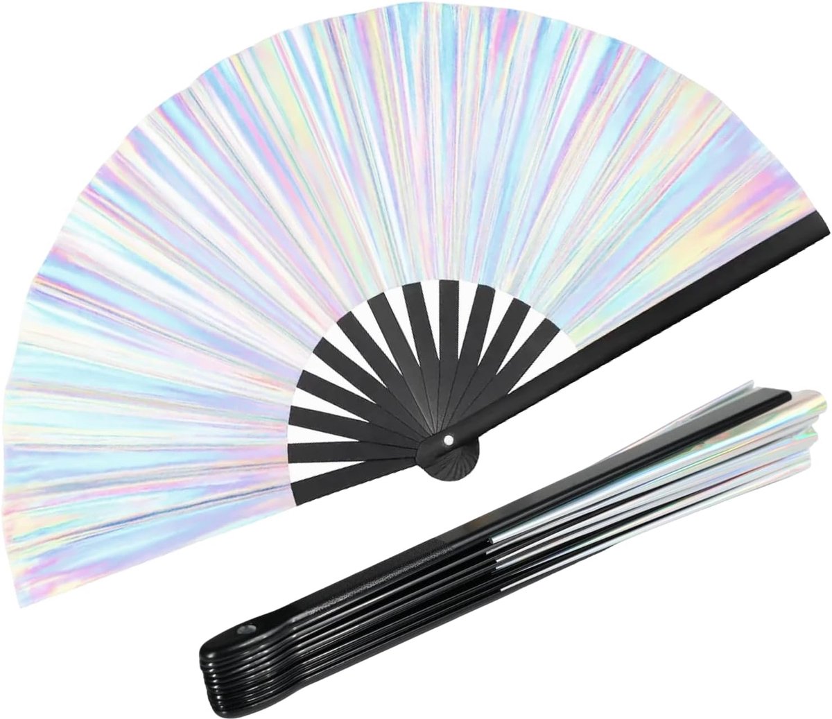Waaier glitter holografisch groot opvouwbaar met luid klapgeluid in zilver, festivalwaaier voor dans, party, club, zomer, podiumoptredens en show-effecten, voor dames en heren