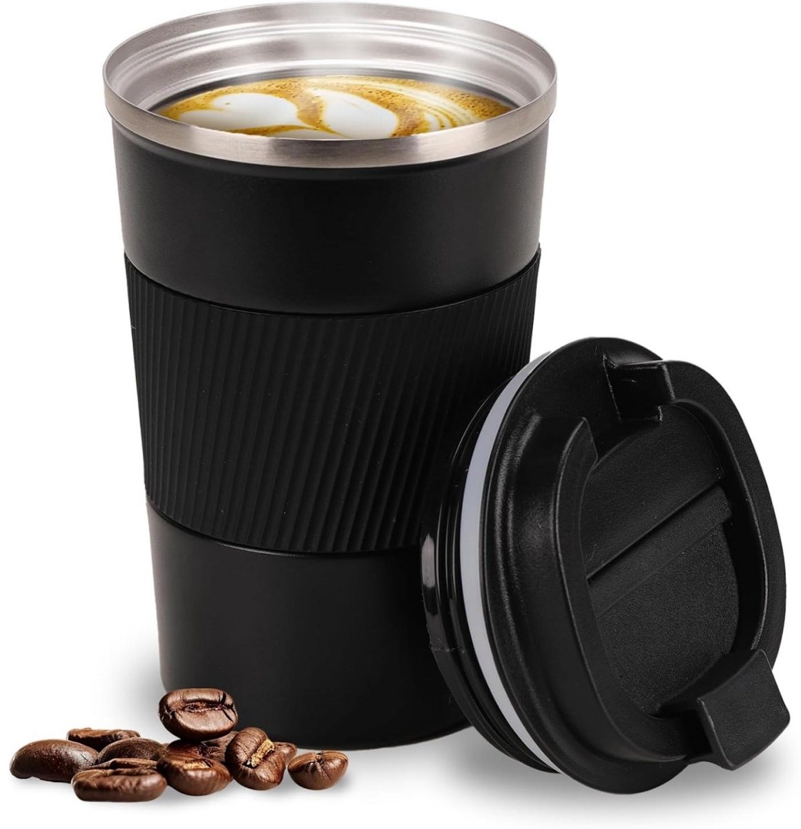 SSTRWGOOD Thermostas 380 ml - Koffiebeker to Go - Uitloopveilige dubbelwandige isolatiebeker met deksel - Geschikt voor koffie en thee - RVS met siliconen ring en antislip hoes - 14,5 cm hoog - Niet geschikt voor vaatwasser of magnetron