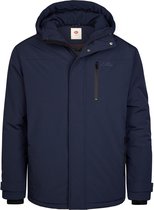 Donkerblauwe winterjas met capuchon, ritsen en logo op de borst.