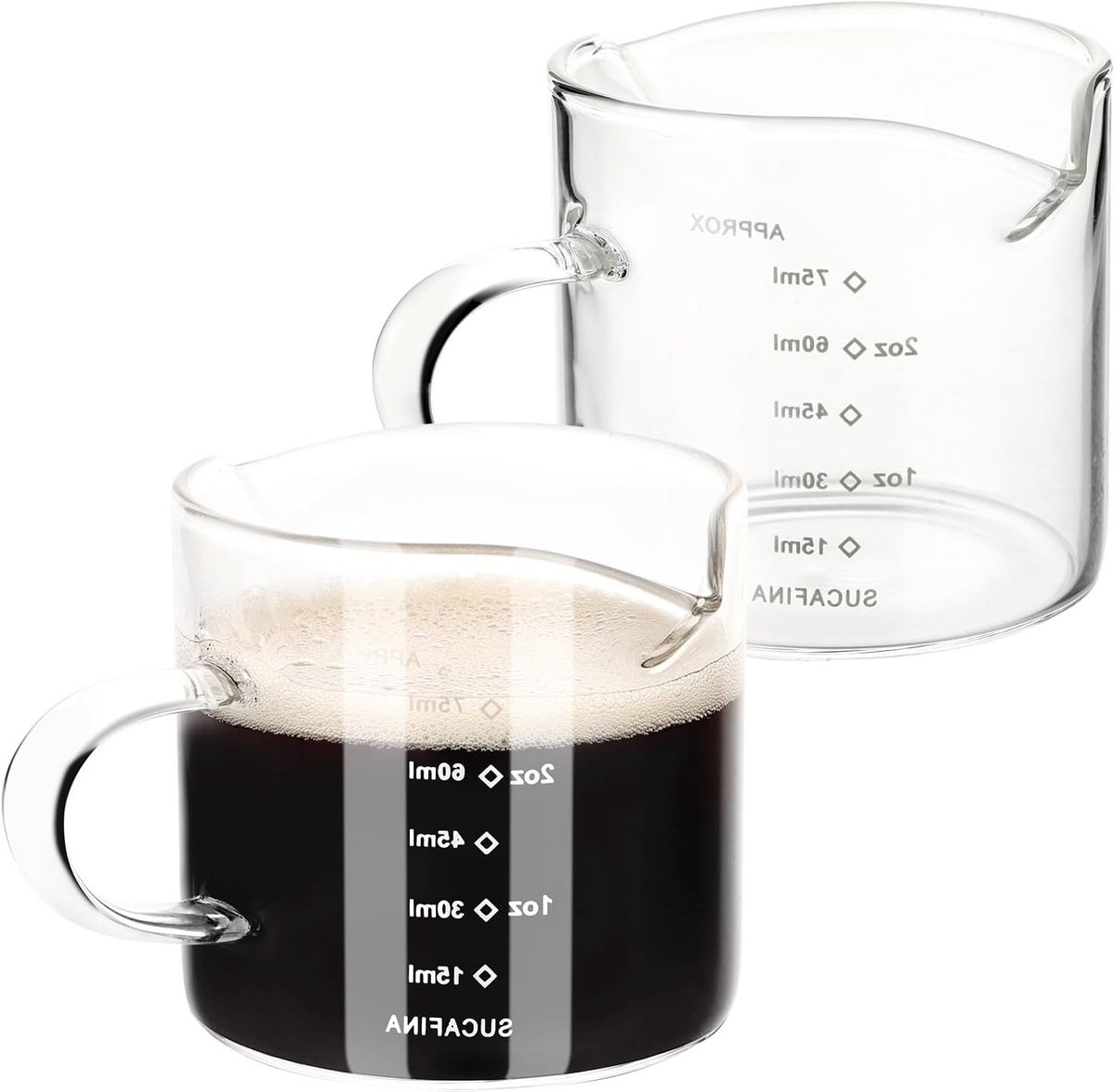 75ml Espresso Shot Glazen Set van 2, V-vormige Maatbeker voor Perfecte Espresso, Dubbele Uitloop voor Thuis, Kantoor en Café
